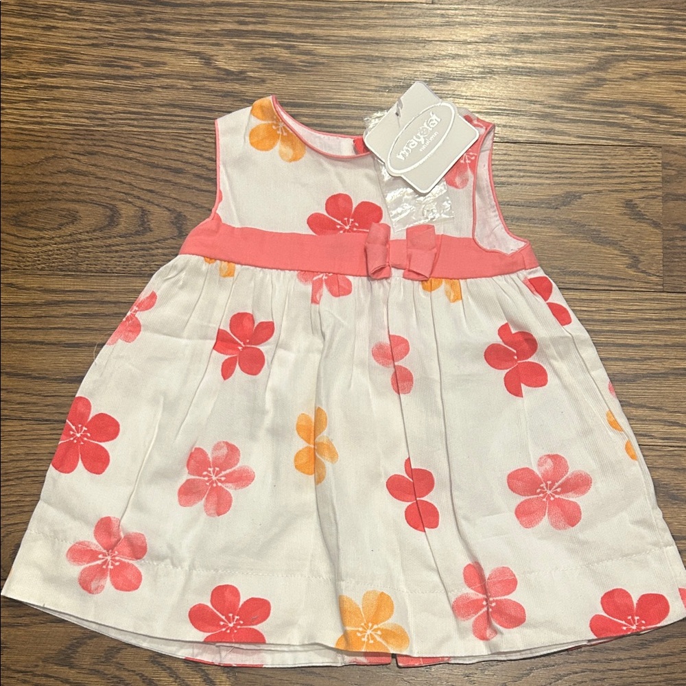 Mayoral White Dress with Pink Band & Coral-Orange Floral Print